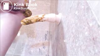 Dirty girl playing with shitty dildo in the bathroom