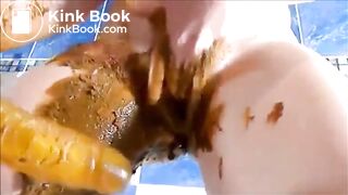 Girl smear shit on butt and cunt masturbating with dildo and fisting