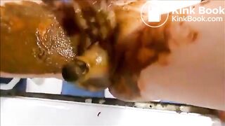 Girl smear shit on butt and cunt masturbating with dildo and fisting