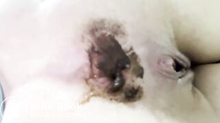 Blonde babe's big messy poop