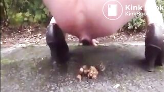 Mature woman shitting and pissing outdoor