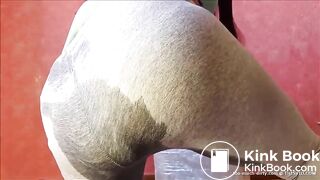 Brunette masked babe pissing and shitting on her leggings