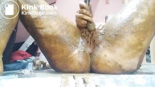 Ftm shits out a fat sloppy load then plays with it