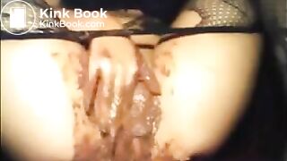 Girl in fishnet shitting diarrhea and masturbating