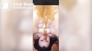 Hot brunette shitting diarrhea on her face and mouth
