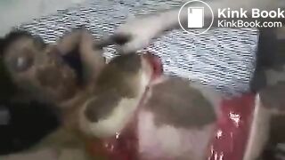 Asian babe with great tits eating shit while giving scat blowjob