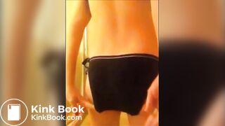 Skinny girl shitting on a black panty