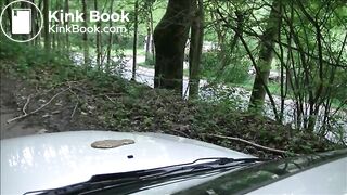Brunette pissing and shitting on a car outdoor