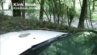 Brunette pissing and shitting on a car outdoor