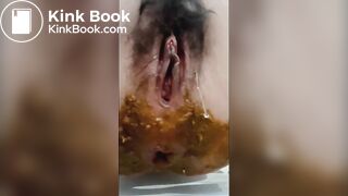 Poop in white panty on the bed