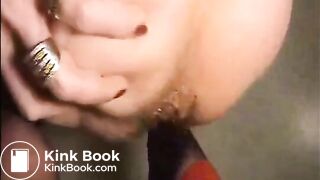 Hairy milf in high heels and lingerie shitting on the floor