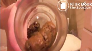 Blonde girl shitting in a glass
