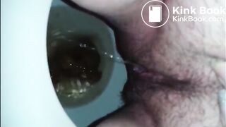 Hairy woman shit and piss on the toilet