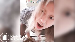 Cute blonde with septum ring takes a fat dump in the kitchen