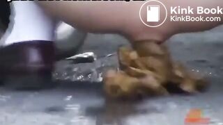 Japanese girl drops poop in the street