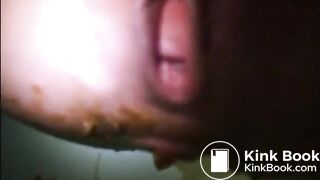 Flat breast girl shit and piss on the blue panty