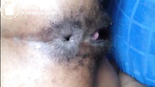 Hairy asshole ebony shitting closeup