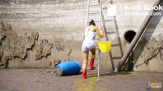 Christy Ley in the manure pit