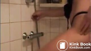 Dirty girl shitting and masturbating with shitty dildo