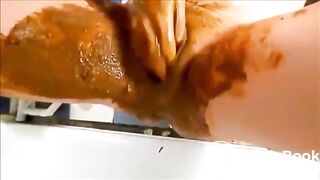 Milf smearing shit on her body masturbating fisting and squirting