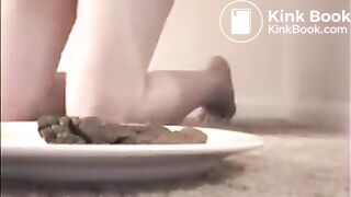 Woman shit big turd on a white plate