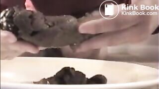 Woman shit big turd on a white plate