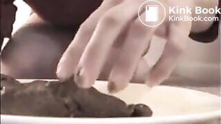 Woman shit big turd on a white plate