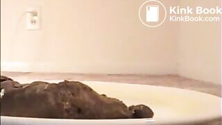 Woman shit big turd on a white plate