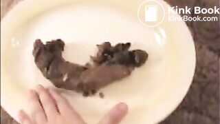 Woman shit big turd on a white plate