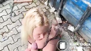 Busty Blonde receives on her head fresh shit and piss outdoors