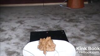 Fat hairy woman piss on a glass and shit on a plate