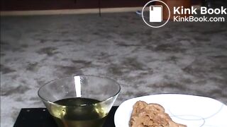 Fat hairy woman piss on a glass and shit on a plate