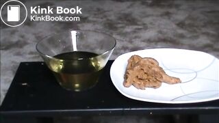 Fat hairy woman piss on a glass and shit on a plate