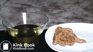 Fat hairy woman piss on a glass and shit on a plate