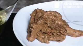 Fat hairy woman piss on a glass and shit on a plate