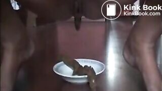 Woman shitting long turd on a plate