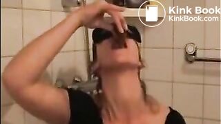 Dirty girl shitting and masturbating with shitty dildo