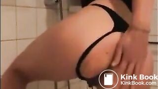 Dirty girl shitting and masturbating with shitty dildo