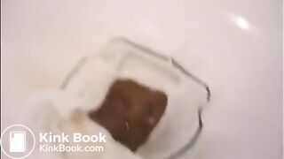 Girl shit and piss on white panty in the bathtub