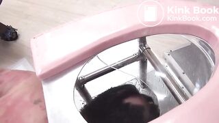 Girl in red using human toilet and human toilet paper