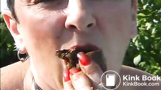 Dirty big boobs lady rubbing and eating shit