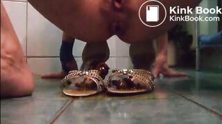 Girl shit on sandal then wear it