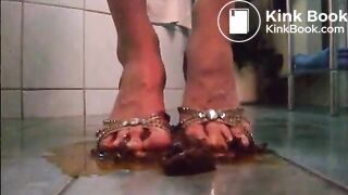 Girl shit on sandal then wear it