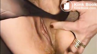 Hairy milf in high heels and lingerie shitting on the floor