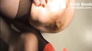 Hairy milf in high heels and lingerie shitting on the floor