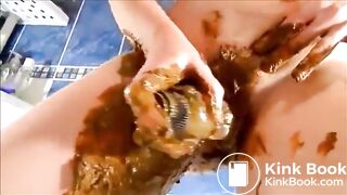 Milf smearing shit on her body masturbating fisting and squirting