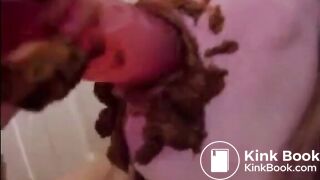 Dirty girl sucking and licking a shitty dildo