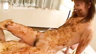 Fully covered in shit Japanese scat girls fucking strapon