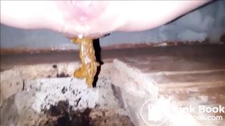 Constipated girl non stop shitting in a dirty toilet