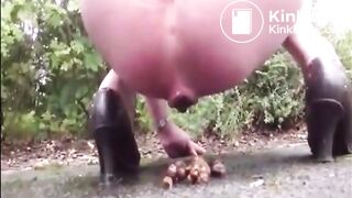 Blonde mature shitting an hard turd in a public parking